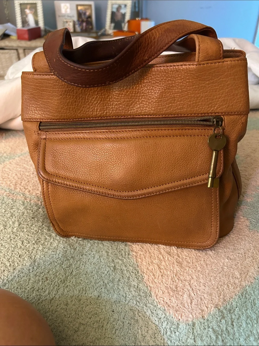 Classic Tan Leather Shoulder Bag By Fossil